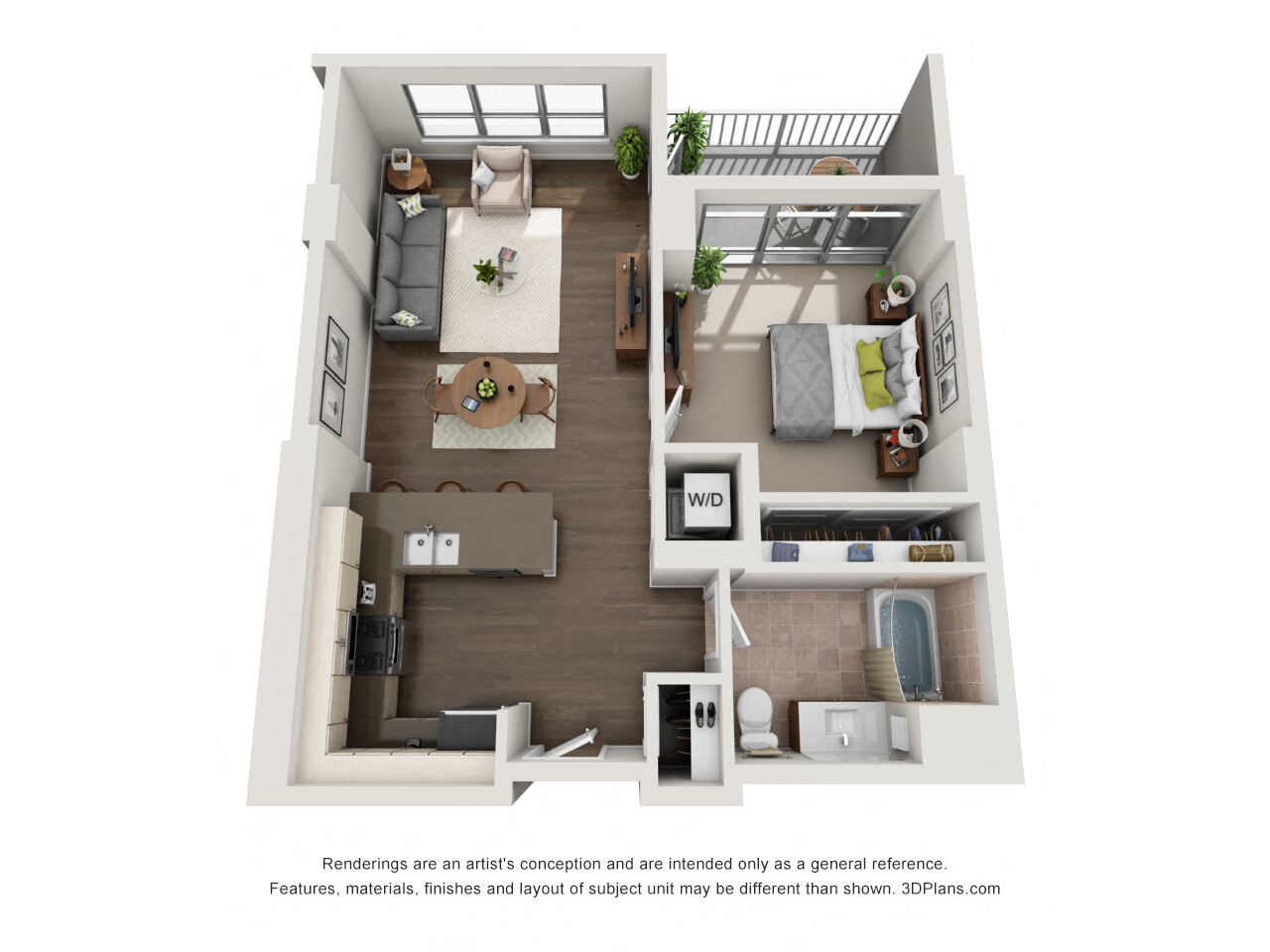 Floor plan for 1 bed, 1 bath, 708 sqft